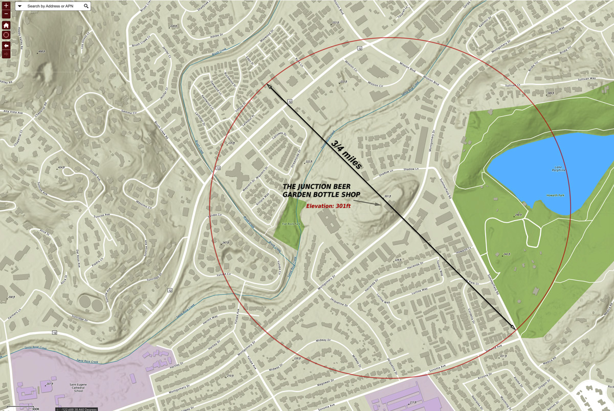 Topographic map of the Montgomery Village area of Santa Rosa showing The Junction Beer Garden & Bottle Shop on a hill at 301 feet elevation, with a red circle marking a 0.56-mile radius that covers surrounding residential streets, Flat Rock Park, and reaches toward Howarth Park and Lake Ralphine.